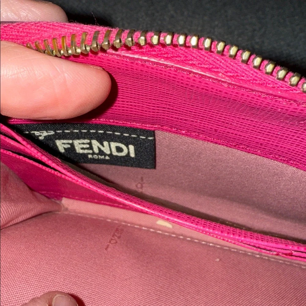 Fendi Logo Authentic Zippy Zucca Spalmati Wallet Pink